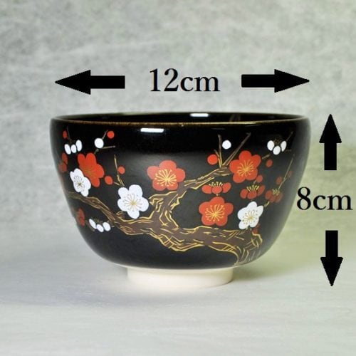 抹茶碗 黒釉 紅白梅にうぐいす | 京焼窯元 橋本城岳