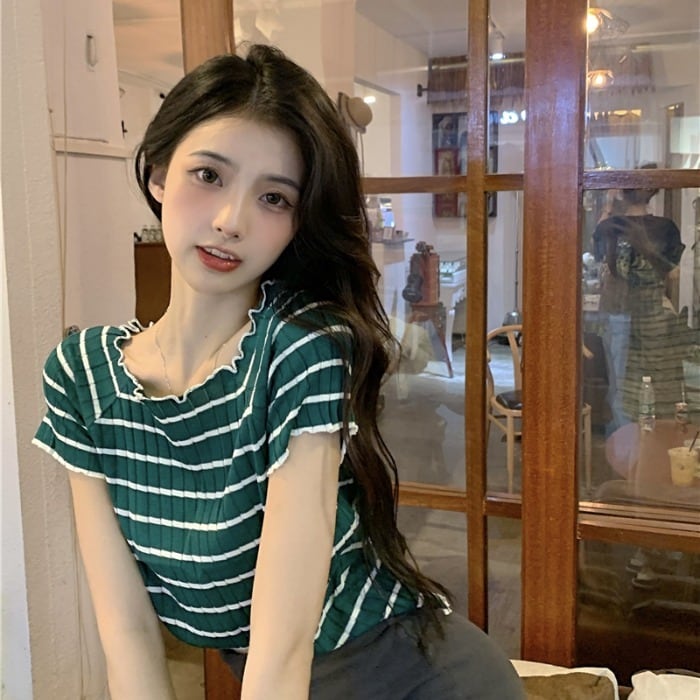 スリムストライプセーター ショートトップス サマー薄手 夏物 ドラファッションホール53310812288