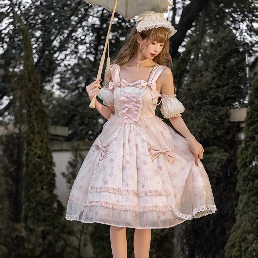 JSK レトロ クラシカル 花柄 ピンク ウエストリボン フリル ガーリー
