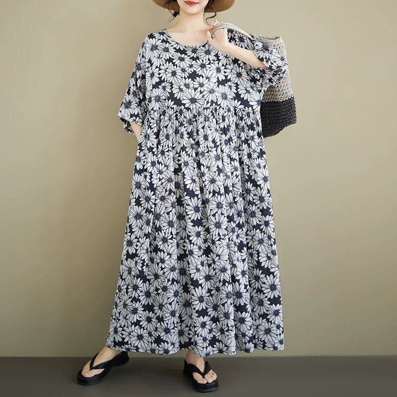 FLOWER PRINT BOAT NECK 3/4 SLEEVES A-LINE MAXI DRESS 1color M-16202