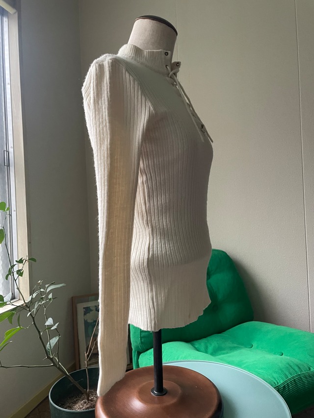 70s-80s Lace-Up High Neck Rib Knit