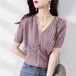 トップス Tシャツ ニットソー ショート ショート丈 袖あり 半袖 Vネック タイト かわいい カジュアル 上品 おしゃれ 夏 10代 20代 レディース 通学 デート M L XL 紫 パープル