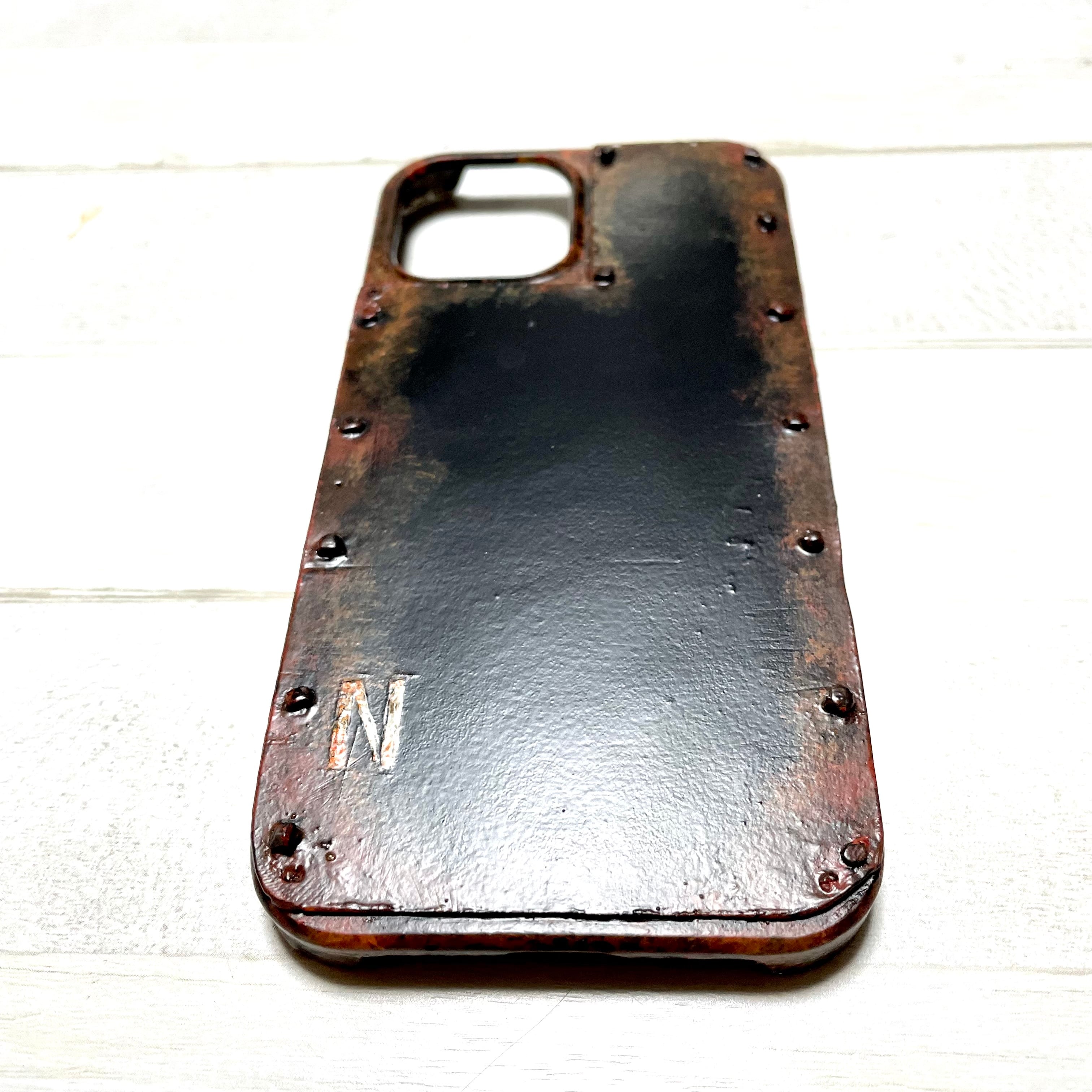 古材風サビ塗装サーフ&シャビーフラワースマホケース 古材風サビ塗装