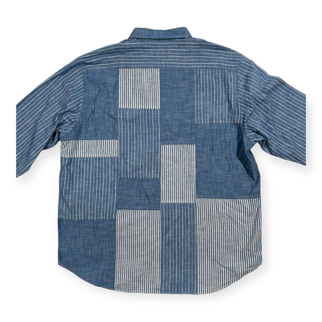 美品 PAPAS PLUS パパス プラス パッチワーク ストライプ シャンブレー BD 長袖シャツ サイズ LL /ブルー系/メンズ/日本製