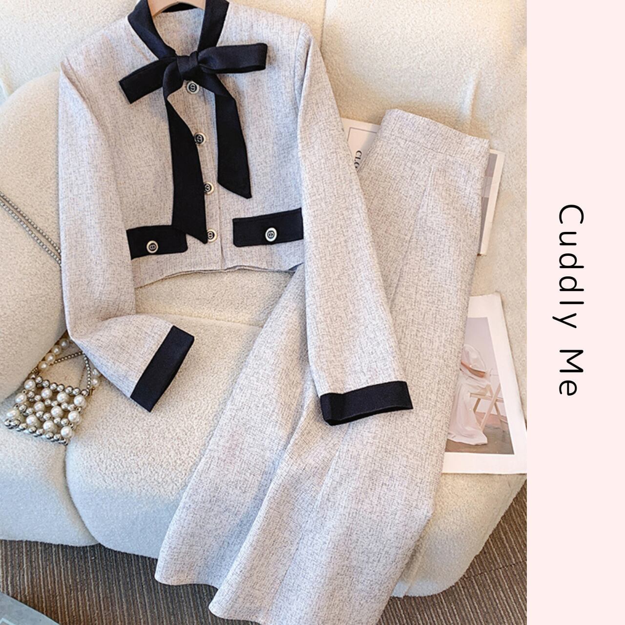 ボウタイ リボン グレージュ ジャケット ツーピース