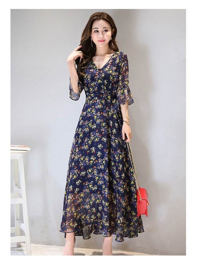 花柄ワンピース 小花柄 ワンピース コーデ 春 18 通販 レトロ レディース マキシ丈 ロング 赤 イエロー ネイビー 大人 長袖 レディース きれいめ お呼ばれ レトロガール デート ガーリー 大きいサイズ 1492 Sayurio レディースアパレル ファッション プチプラ