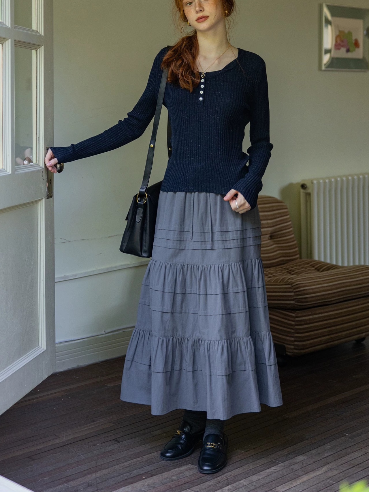 Délavé Gris Cotton Tiered Skirt F0820