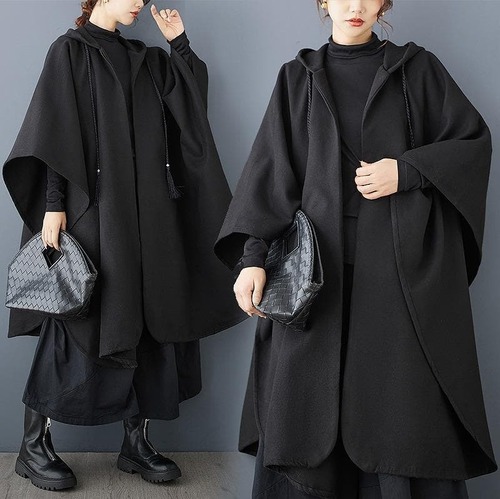 新品 大きいサイズ ゆったり ケープコート ポンチョ フード 黒 秋冬