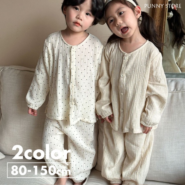 《取寄》コットンリネンボタンルームウェア （全２色） QQMM 2024春 韓国子供服 セットアップ 上下セット パジャマ 部屋着