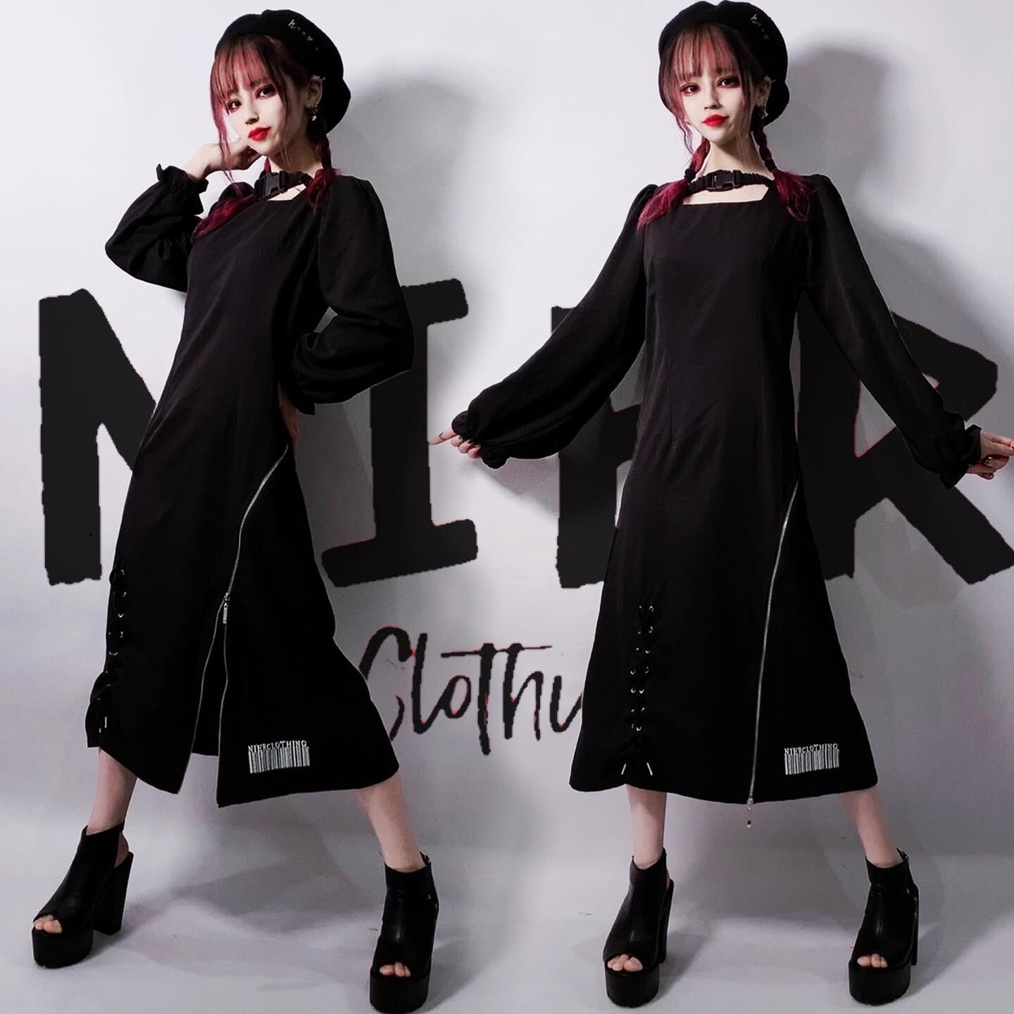 3装飾付きブラックワンピース 裏地付き Nier