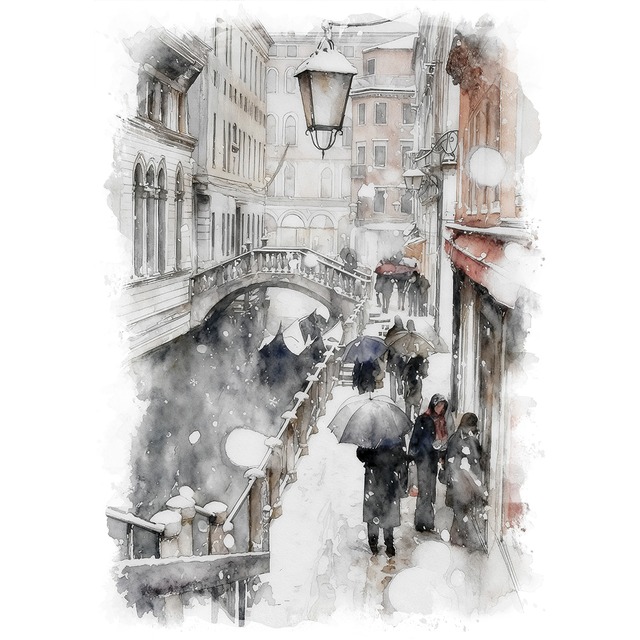 絵画 風景画(街並み) イタリア 雪が降る冬のヴァネツィア インテリアアート額付き 水彩画・油絵風 WAT0889