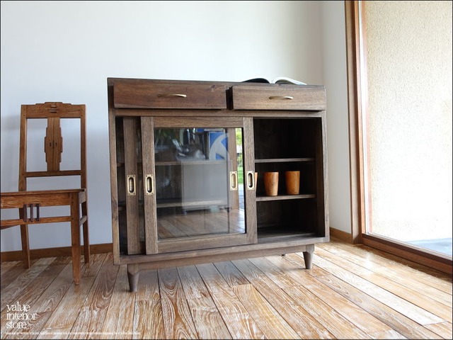 引き戸食器棚 Porte/Med キッチン収納 飾り棚 カウンター キャビネット 引出二杯 収納家具 チーク無垢材 世界三大銘木