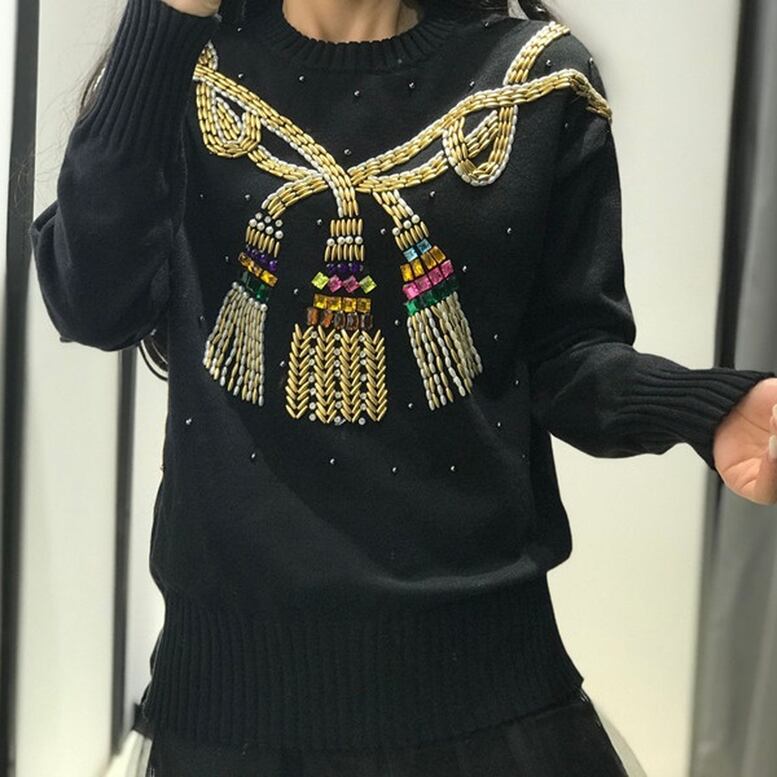 エスニックニットプルオーバー カットソー トップス レディース ボヘミアン風 長袖 大人可愛い 森ガール 2色 ノルディック ゆったり ゆるニット ビジュー 刺繍 おしゃれ