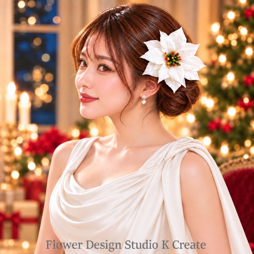 白いポインセチアの髪飾り｜花径12cm・ベロア調・Uピン｜クリスマス フラメンコ フラダンス　ダンス　イベント　発表会