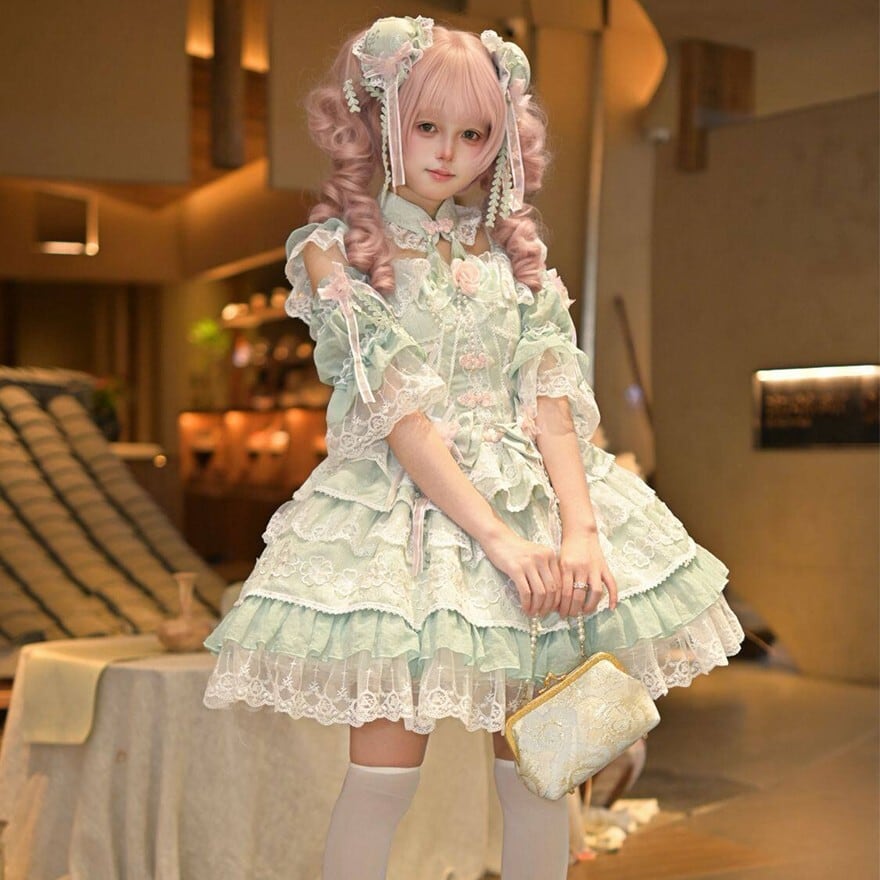 甘ロリJSK 3色展開 豪華レースフリル姫系ロリータドレス パフスリーブ
