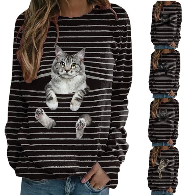 カジュアル 猫プリント ストライプ柄 長袖Tシャツ
