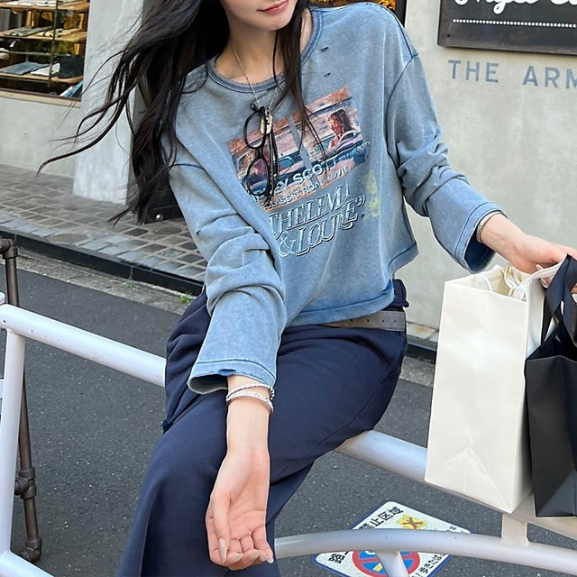 レトロポートレートプリント ダメージＴシャツ［XS-L］