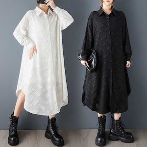 SOLID 3D PATTERN A-LINE MIDI SHIRT DRESS 2colors M-15793
