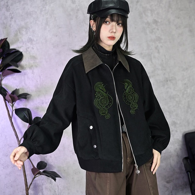 機械仕掛けの一角獣 中華ゴシック スチームパンク ジャンパー ブラック×カーキ 古怪舎｜WithU