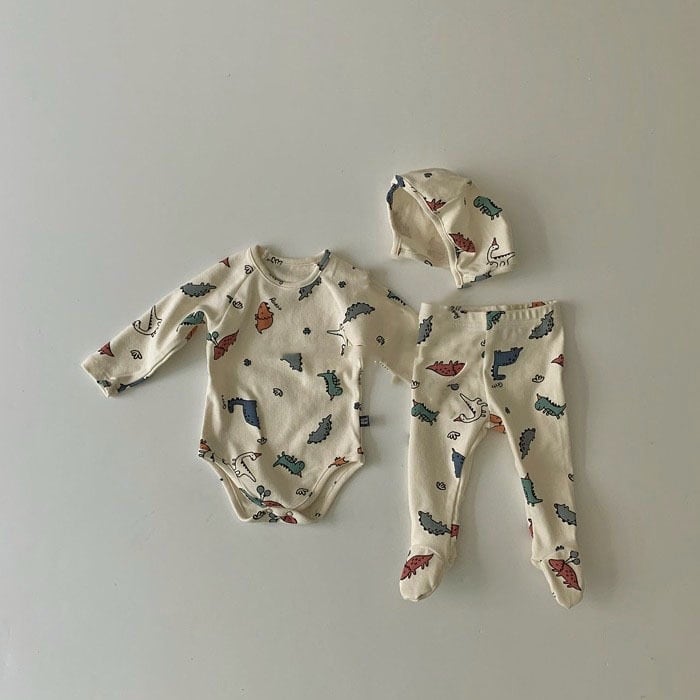 【BABY】動物柄ロンパース&パンツ&帽子セット