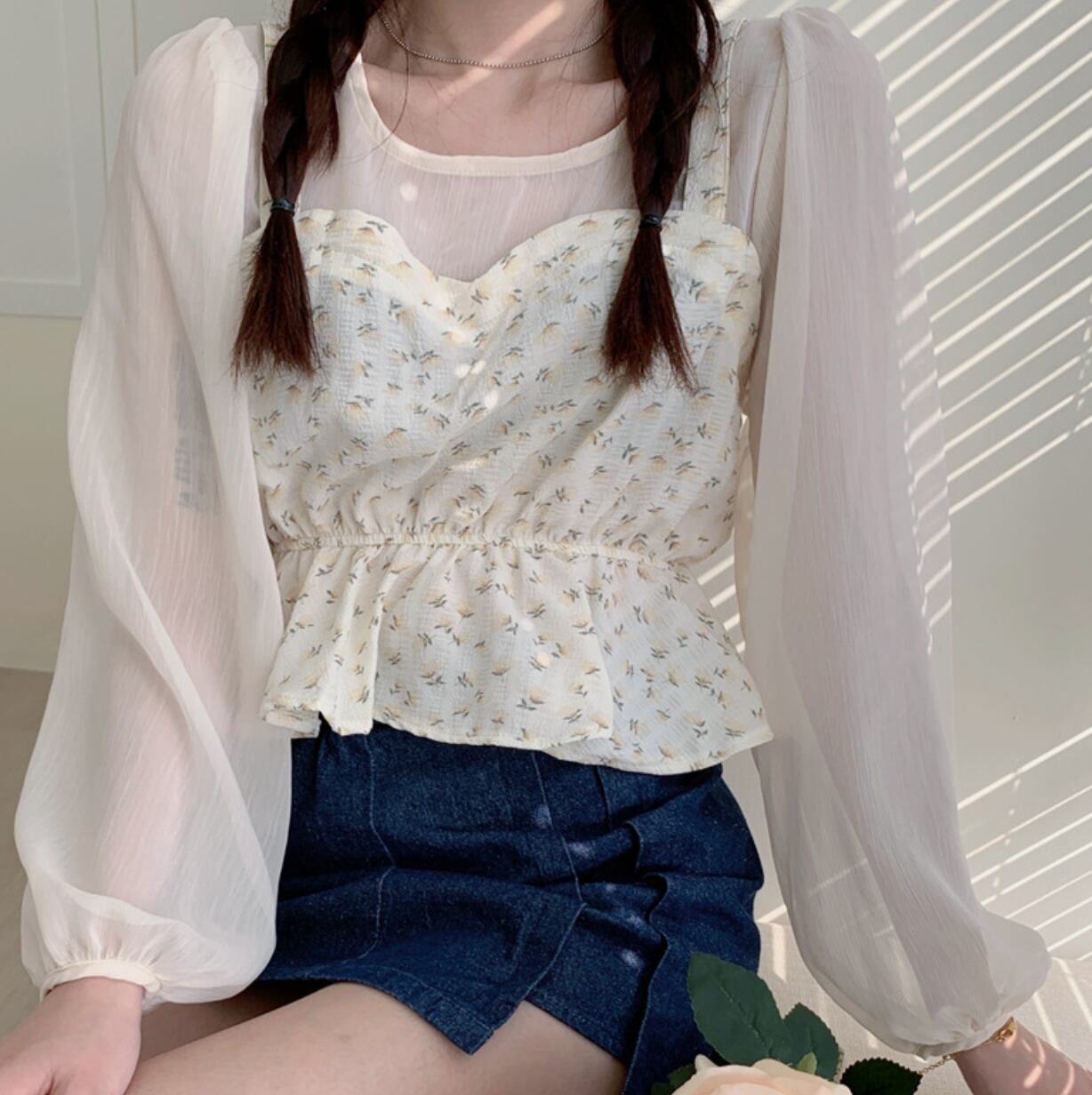 ブルーシアー花柄ビスチェドッキングペプラムトップス Honeyant