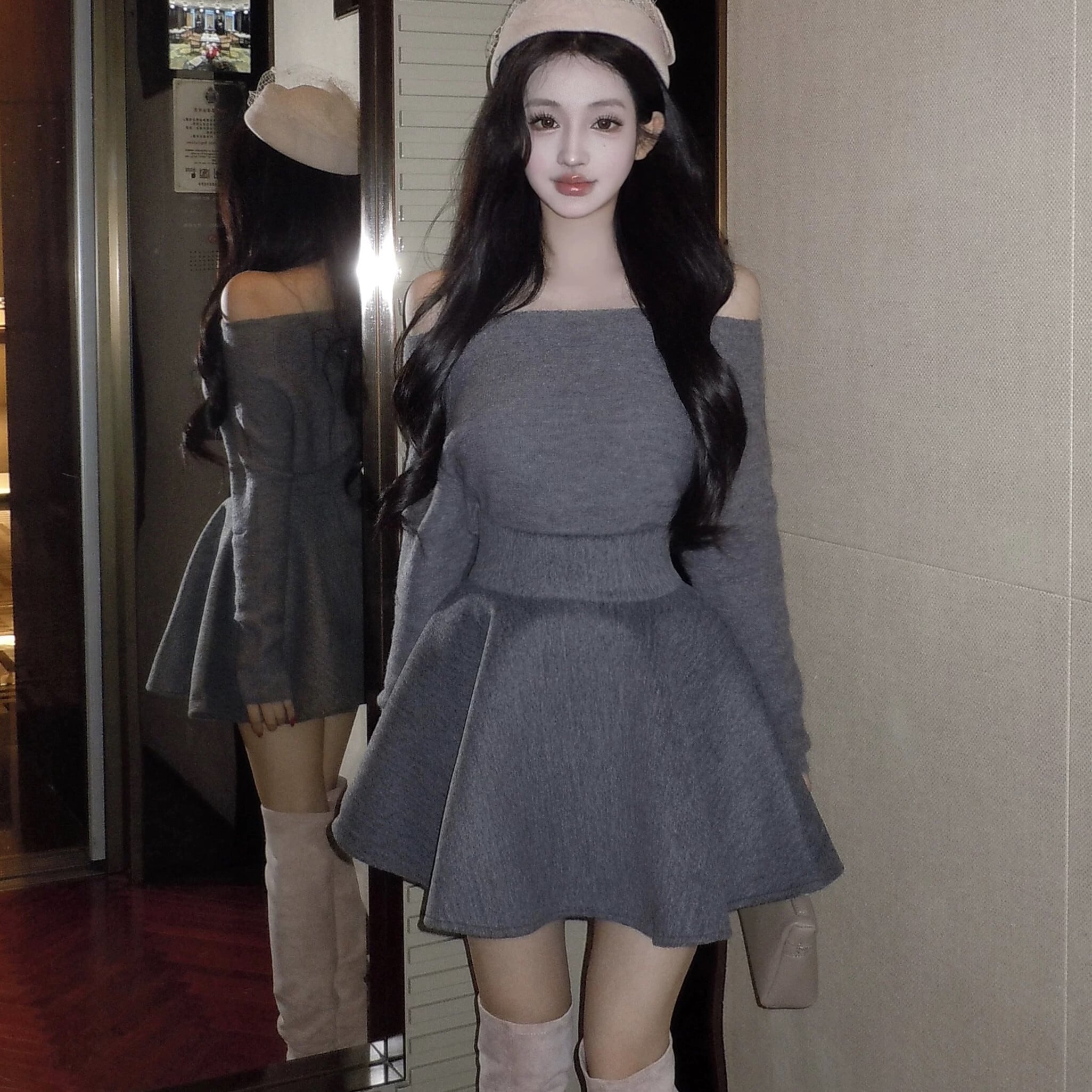 【set】オフショルニットトップス×ミニスカートセット N3456