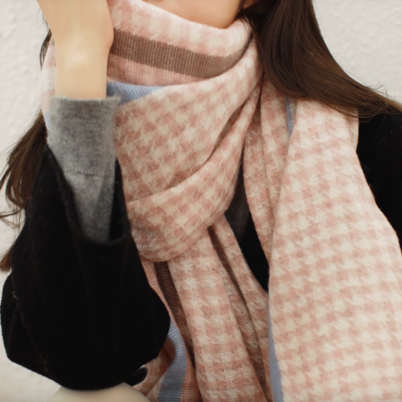 千鳥格子柄 ウール混紡 フリンジ付き マフラー 00039・画像8