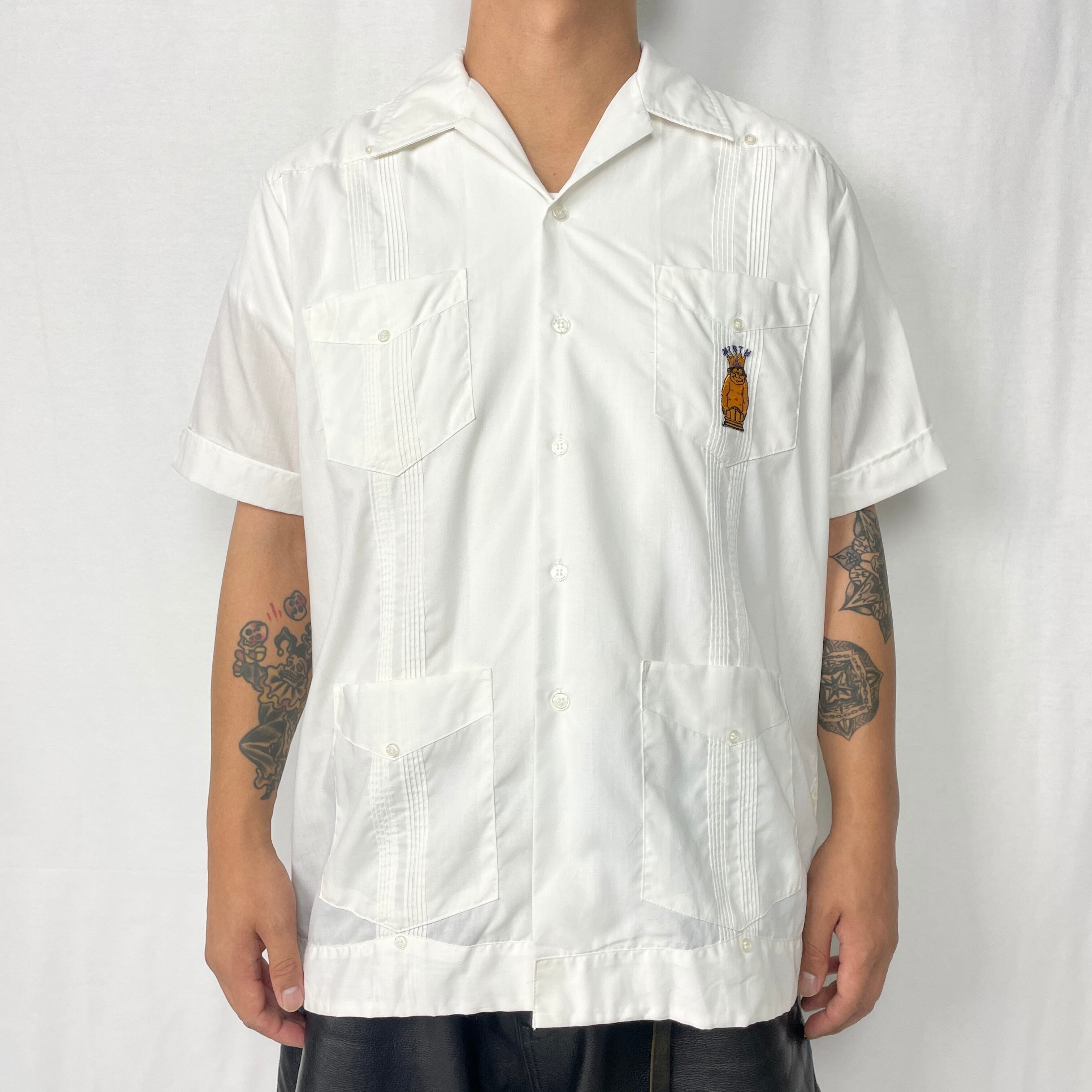 ROMANI キューバシャツ　刺繍　オープンカラー　Lサイズ　ネイビー