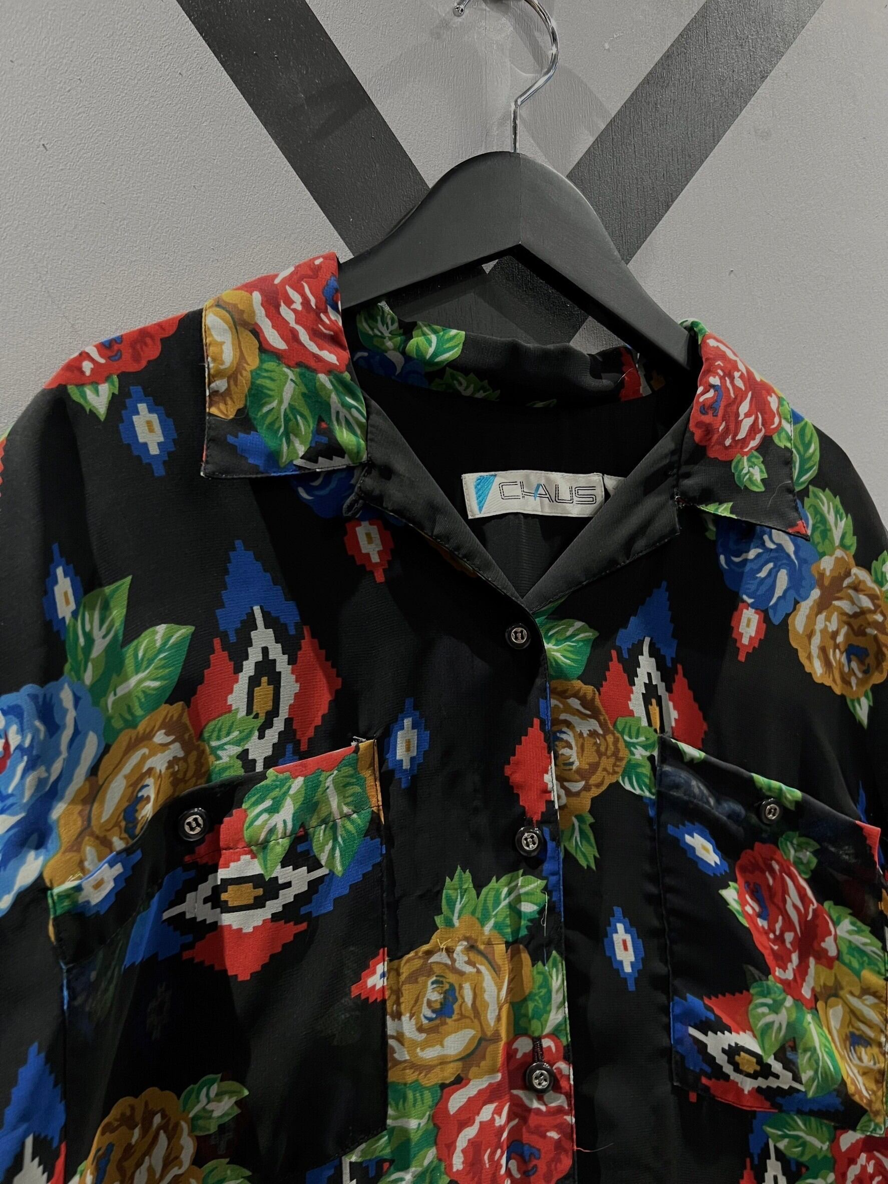 X VINTAGE】Native × Flower Pattern S/S Open Collar Sheer Shirt 