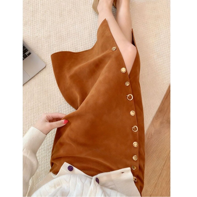 brown button slit midi skirt<sk3234>