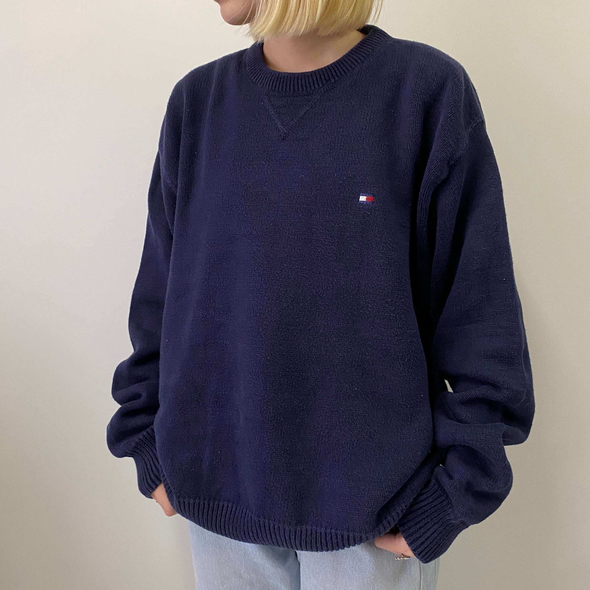 90年代 TOMMY HILFIGER トミーヒルフィガー ワンポイントロゴ刺繍 コットンニットセーター メンズL相当 レディース 古着 ネイビー 紺  90s ヴィンテージ ビンテージ【ニットセーター】 | cave 古着屋【公式】古着通販サイト