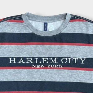 【H&M】HARLEM CITY NEW YORK 刺繍ロゴ ボーダー スウェット トレーナー プルオーバー マルチカラー SMALL エイチ アンド エム US古着