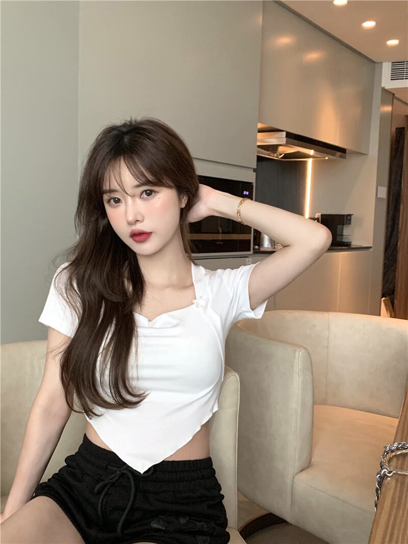 Tシャツ ショートハイウェストホワイトトップス サマースタイル 夏物 ブラックストロベリース36769878910