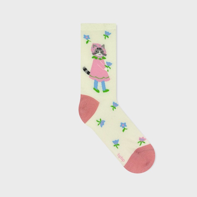 【Aiko Fukawa】布川愛子 SOCKS お花を運ぶ猫  アイボリー ソックス