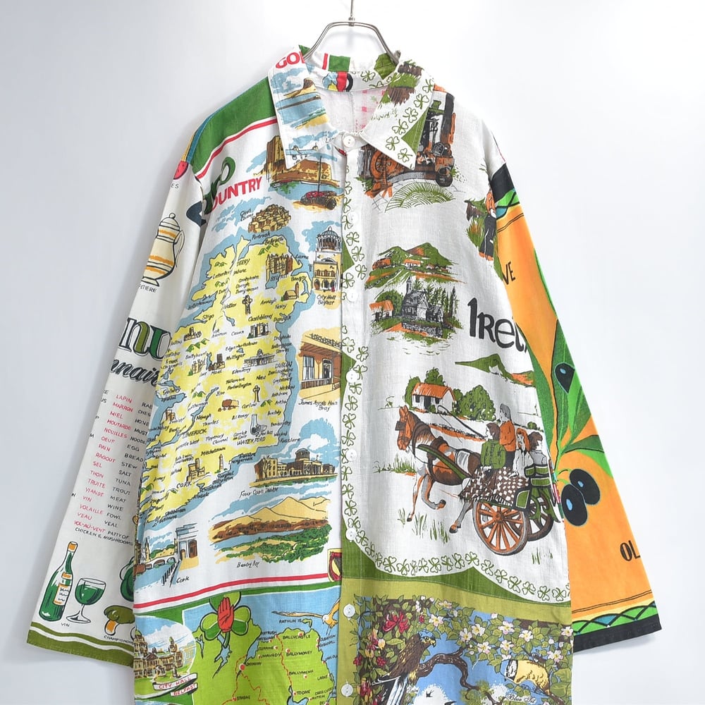 Remake リメイク ハンドメイド 再構築 ロングシャツ ワンピース ティータオル カレンダー パッチワーク 総柄 マルチカラー USED ヴィンテージ ビンテージ 古着 メンズLサイズ相当 レディースXLサイズ相当