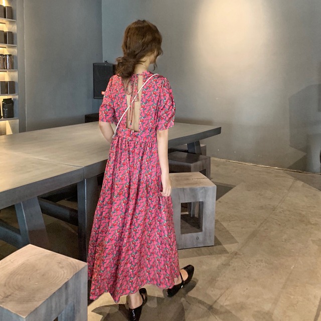 全2色 ワンピース 柄 夏 リゾート バックスタイル 大人可愛い Rashisa Factory