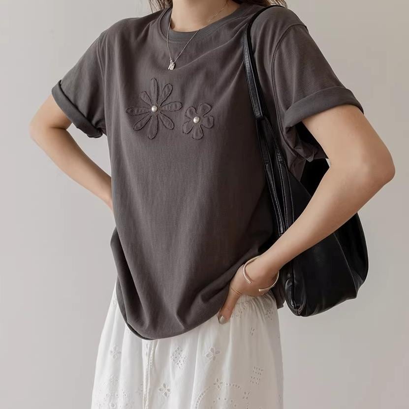 花柄 半袖 ロールアップ クルーネック Tシャツ 4color ATO0256