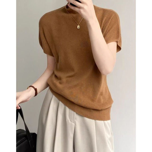 ハイネック細リブハーフスリーブニット　202155