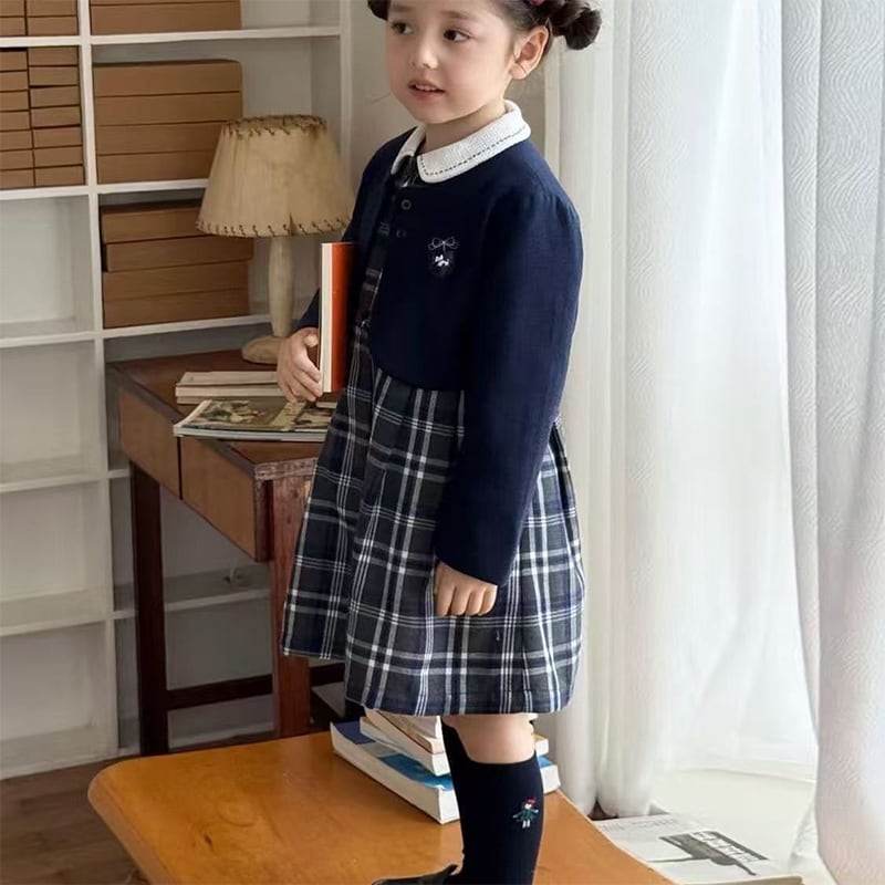 専用出品❗️希少 170✨人気 ネイビー チェック柄✨ワンダーファクトリー 卒服 KID】入園＆入学式チェック柄長袖ワンピース＋アウターセット | 韓国