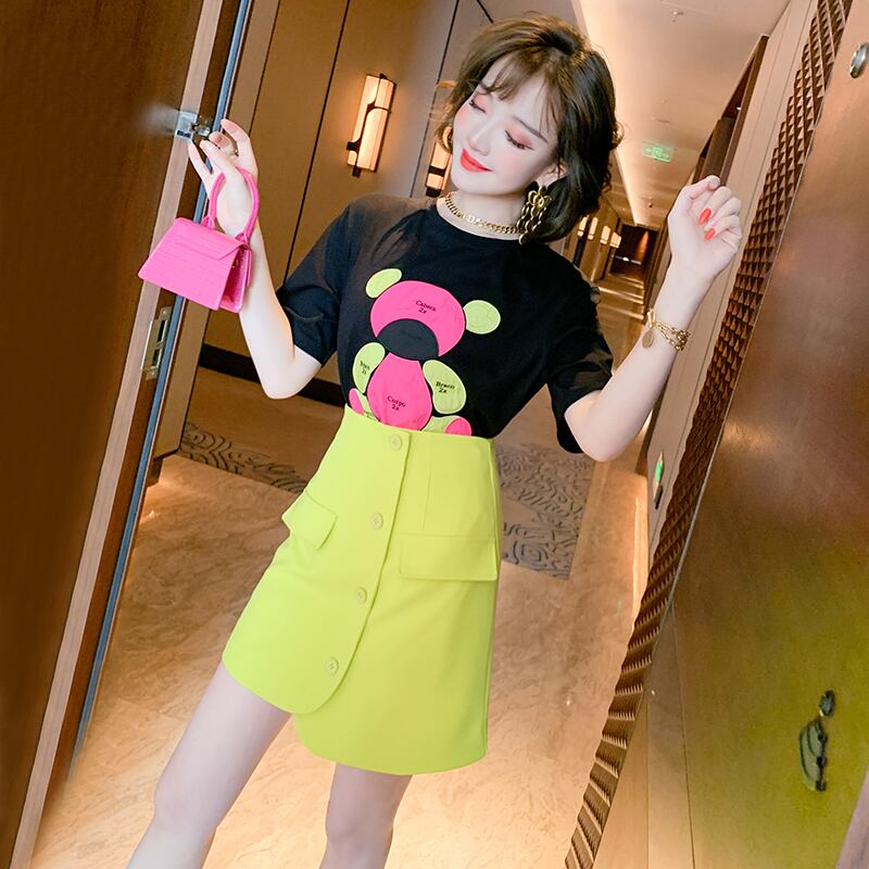 ラウンドネックTシャツ ハイウェストウェストAラインスカート スプリングサマースタイル 春物 夏物 Oネック MIUCO61111152414