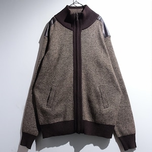 Brown Leather Switching Design Full-Zip Knit
