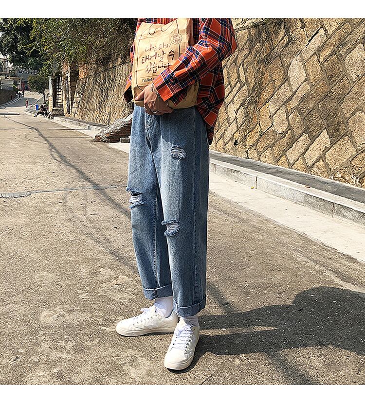 全1色 デニム パンツ ストレート カジュアル ワイド クラッシュ