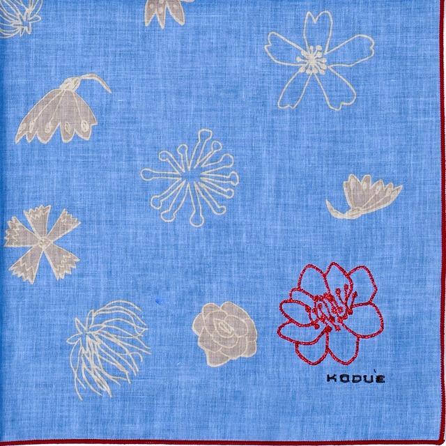 ひびのこづえ ハンカチ 花々 / ブルー 刺繍入り 2枚合わせ 48x48cm KH07-18