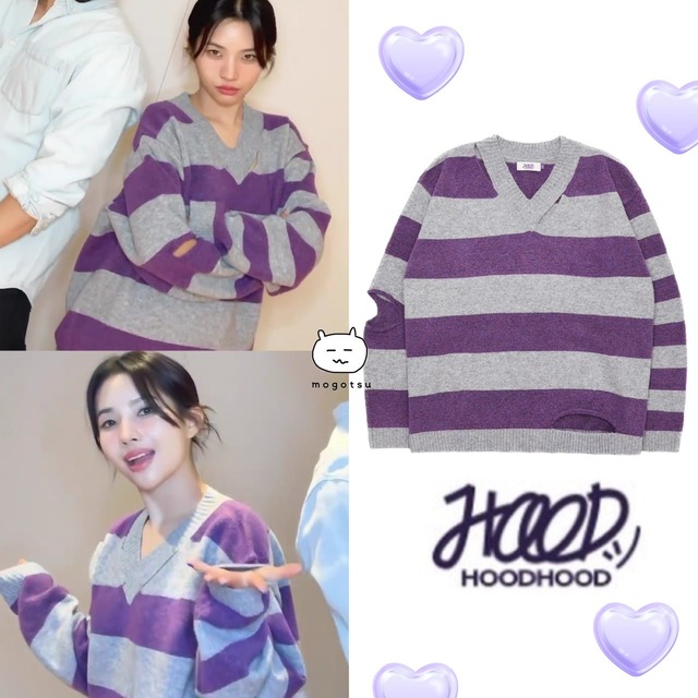 ★(G)I-DLE ソヨン 着用！！【HOODHOOD】Stripe cut-out V neck knit PURPLE