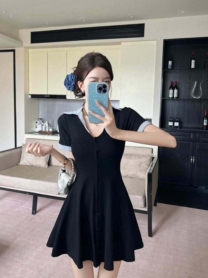 シャツカラーフレアミニワンピース V4649