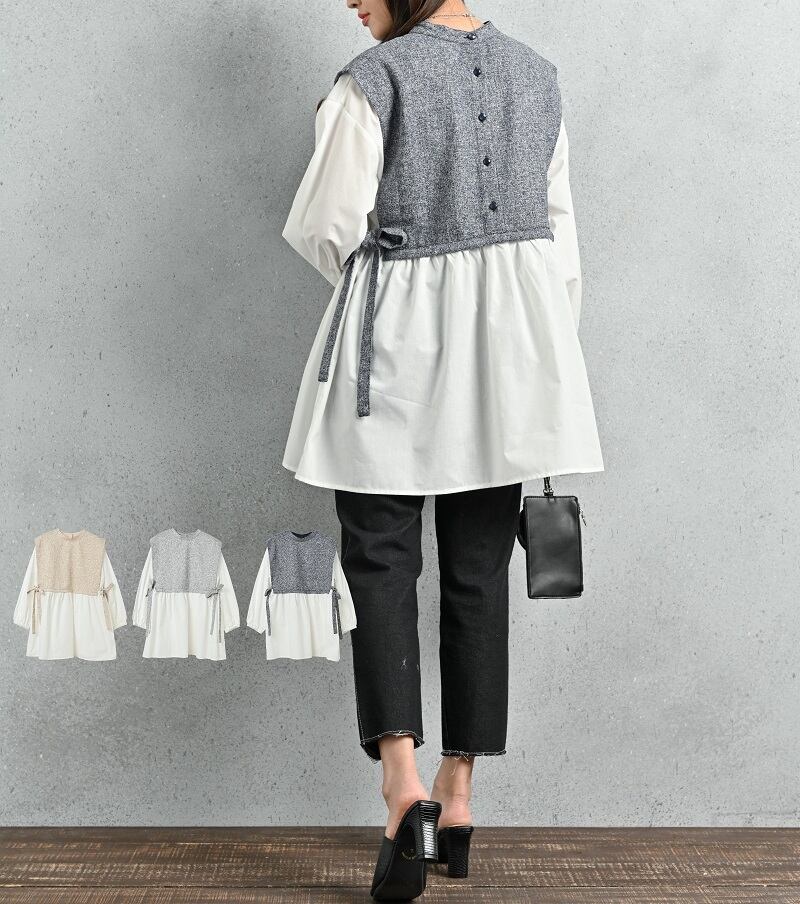 【ドッキングデザインが春らしい1枚★前後2wayツイード切替チュニック】前後2wayリネンライクツイード切替チュニック3カラー