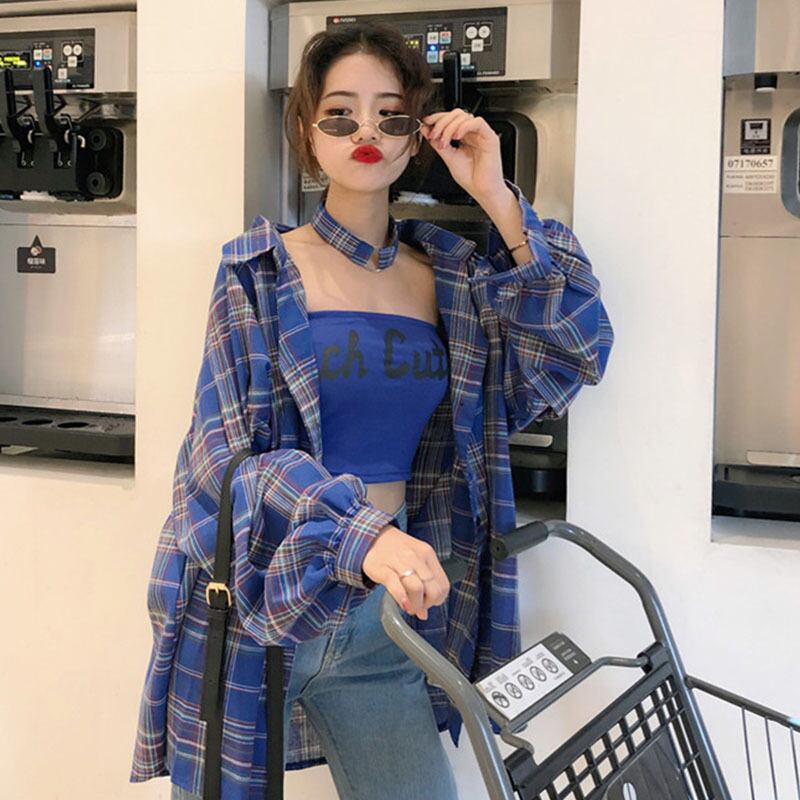 夏バージョンルーズコントラストカラーチェック柄シャツ女性デザインセンスニッチレターチューブトップベストカラースリーピーストレンド YY-ファッション6904704647