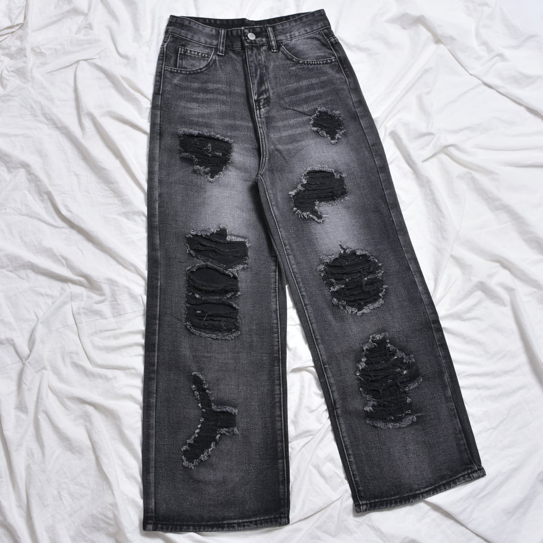 1/14 完売→再入荷！】ブラックダメージ ワイドデニムパンツ