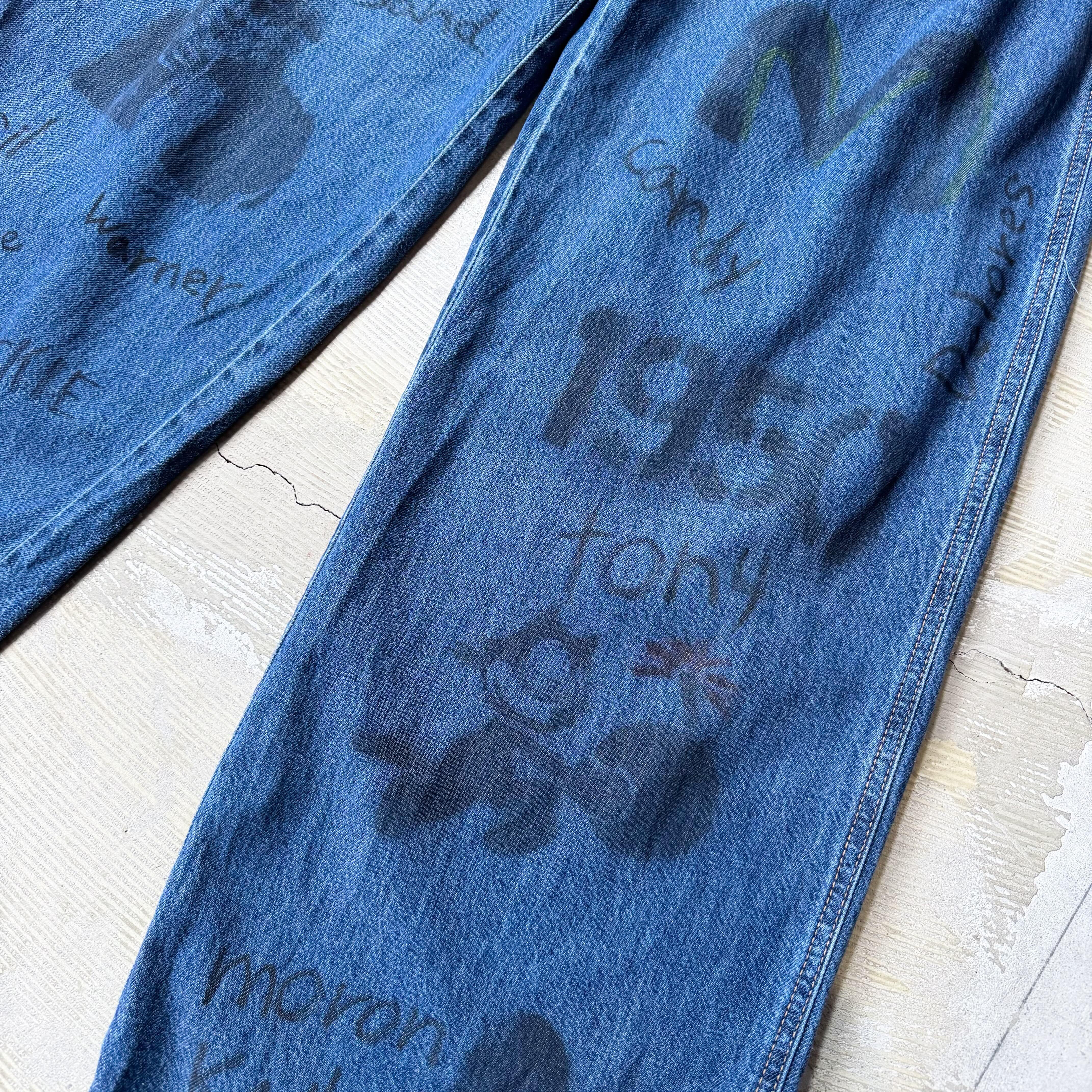 HAND PAINTED STENCIL MEMORIAL ART WIDE DENIM PANTS / ハンド