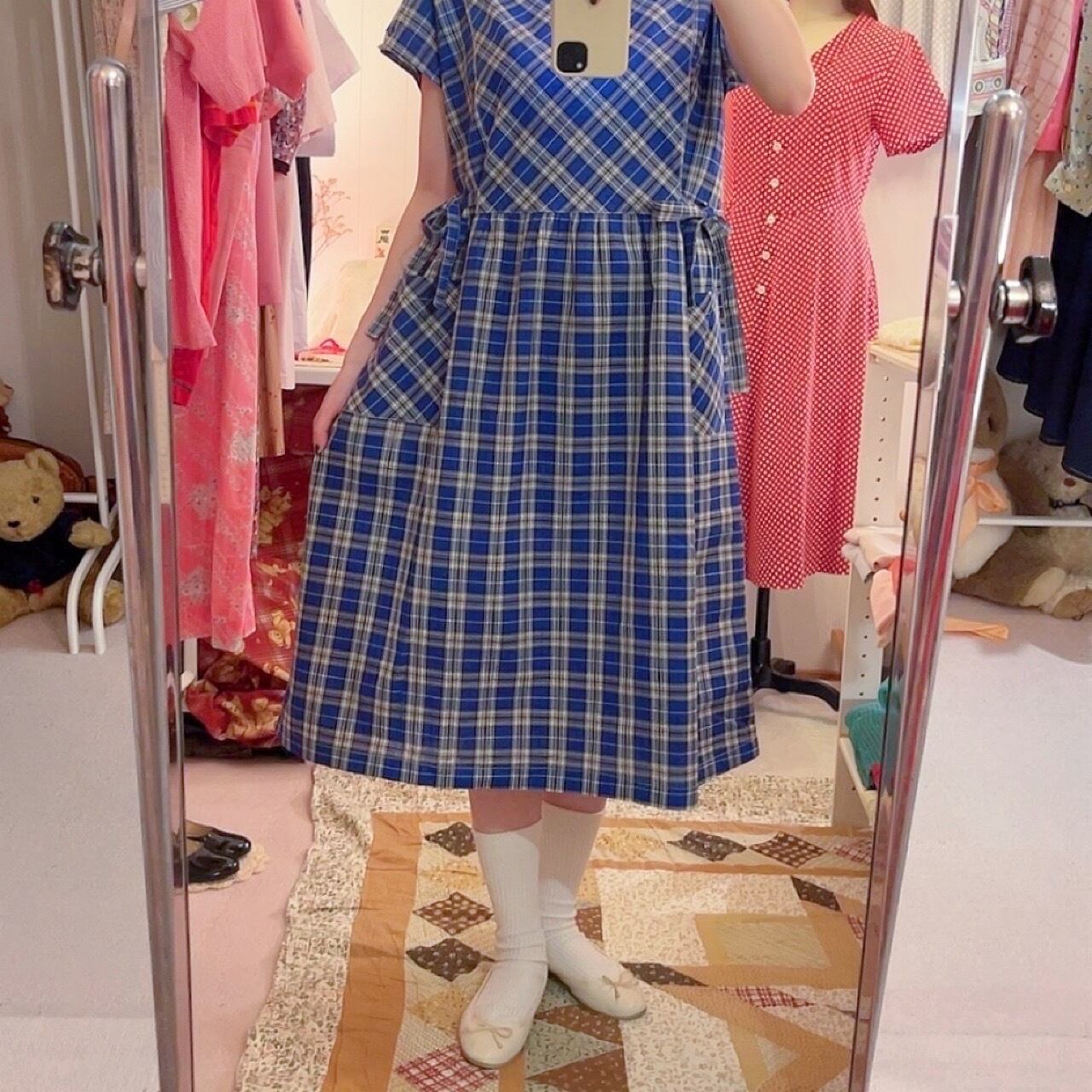 blue white check cotton one-piece